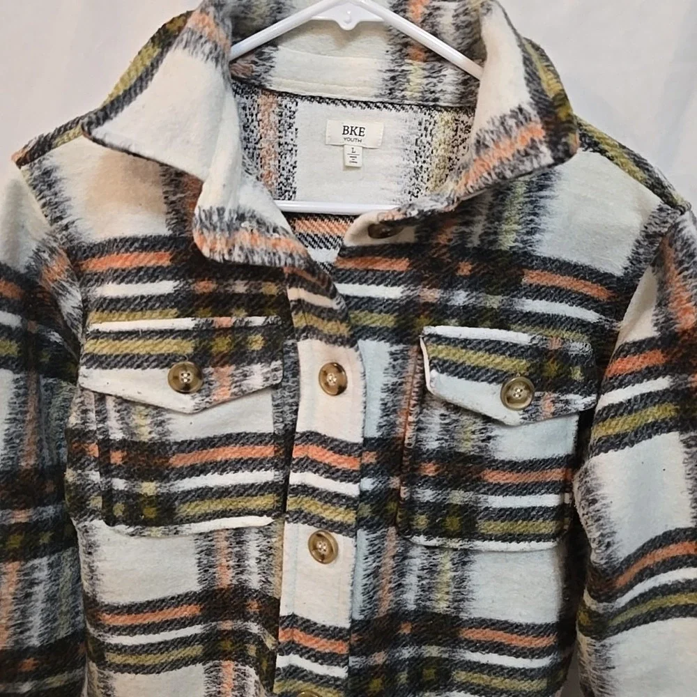 Bke Youth Flannel Shacket Jacket Button-Up Girls Size L White Orange Green Black
